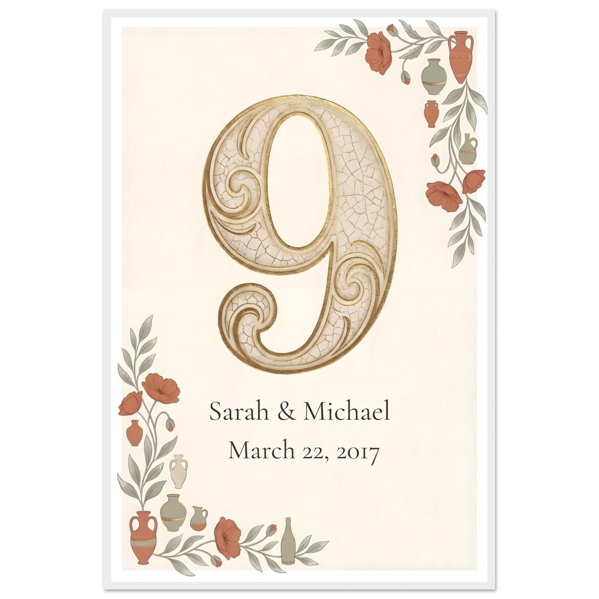 Personalized 9th Anniversary Wall Art - 60x90 cm / 24x36″ - White frame / Ready-to-hang - Sparkycare