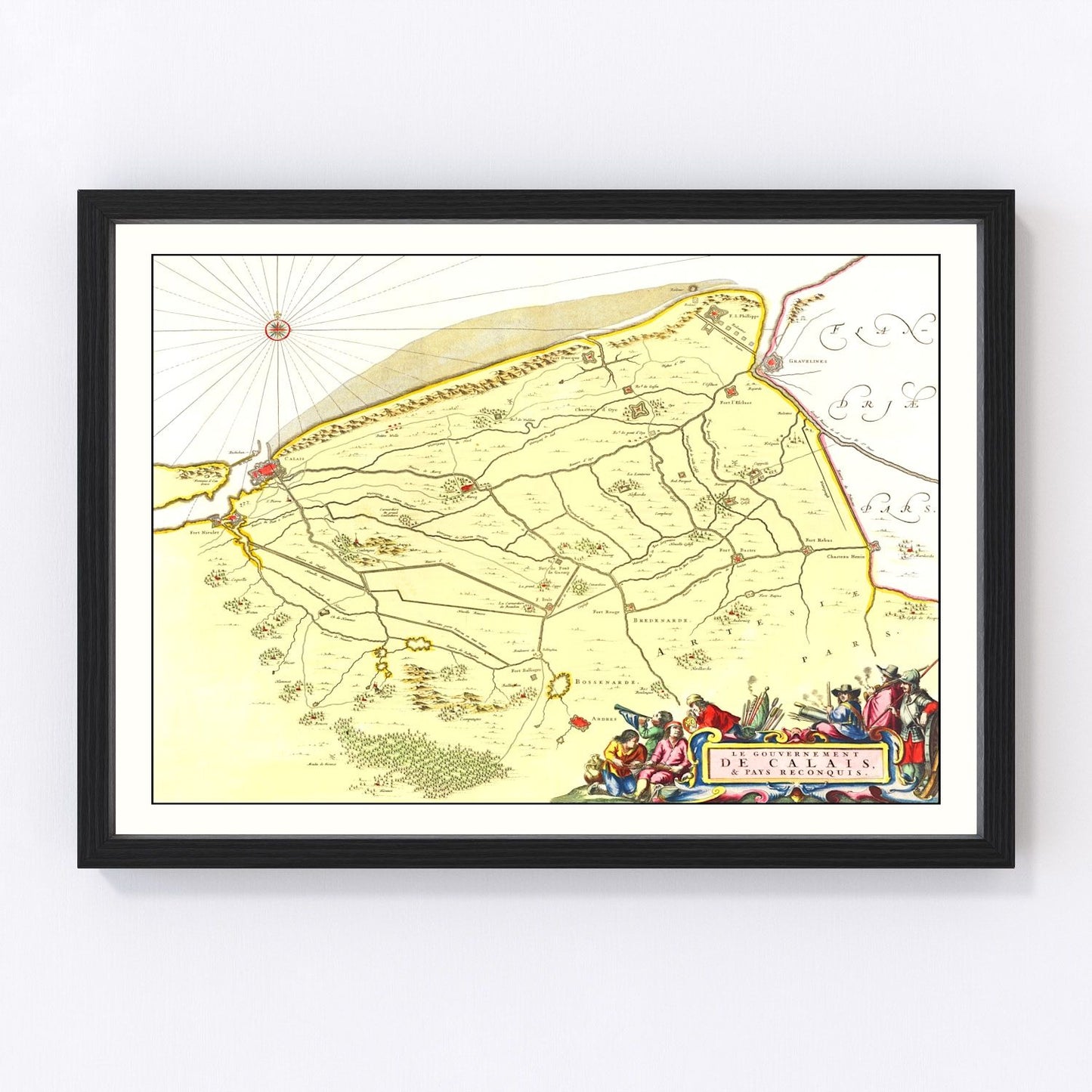 Vintage map of Calais, France, 1665, 17th-century Channel port restored print