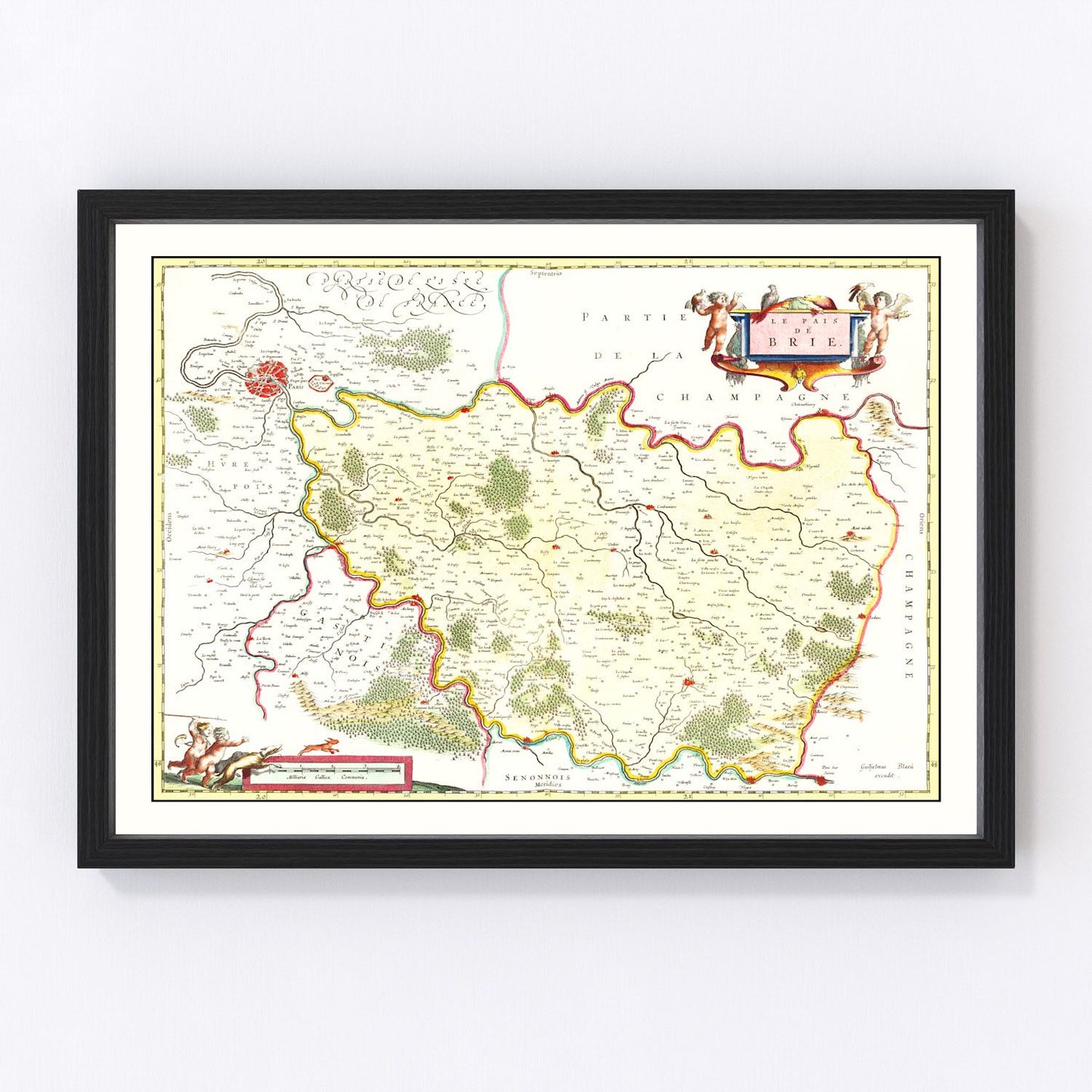 Vintage map of Brie, France, 1665, Seine valley region restored print