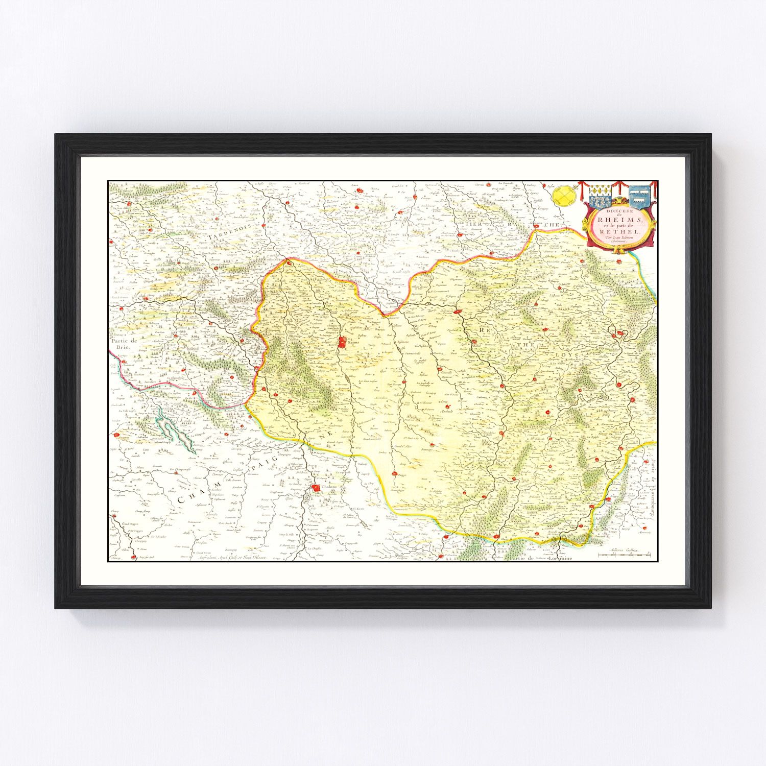 Vintage map of Champagne region, France, 1665, 17th century cartography
