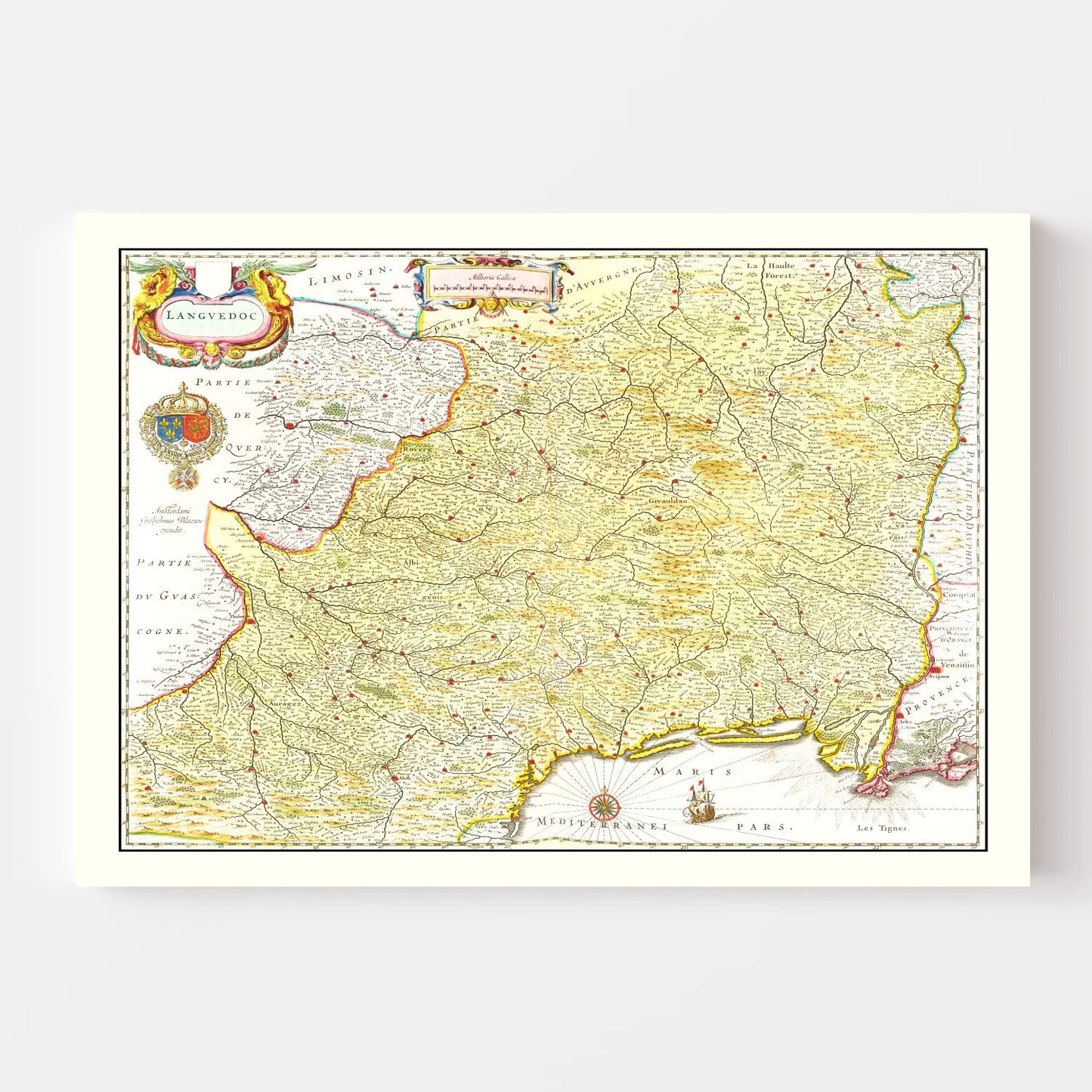 Vintage Map of Languedoc, France, 1665