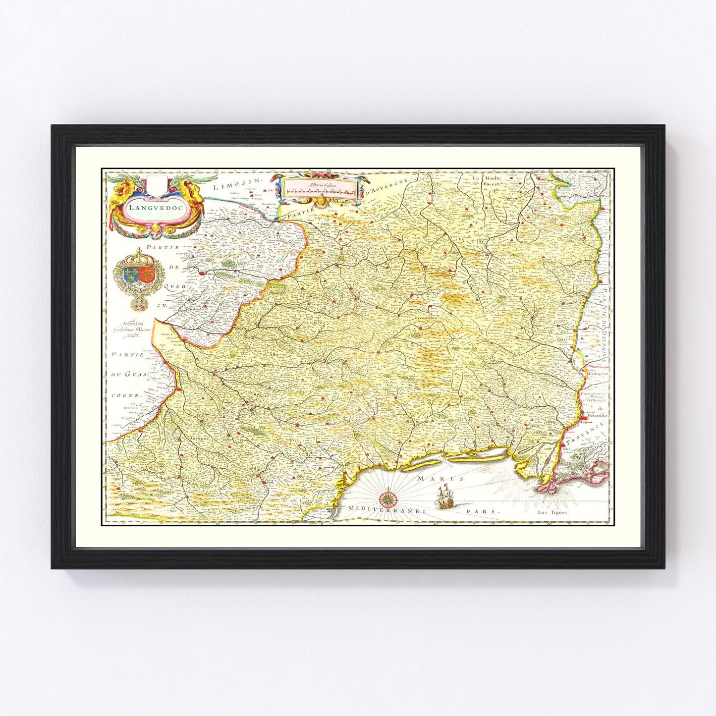 Vintage map of Languedoc, France, 1665