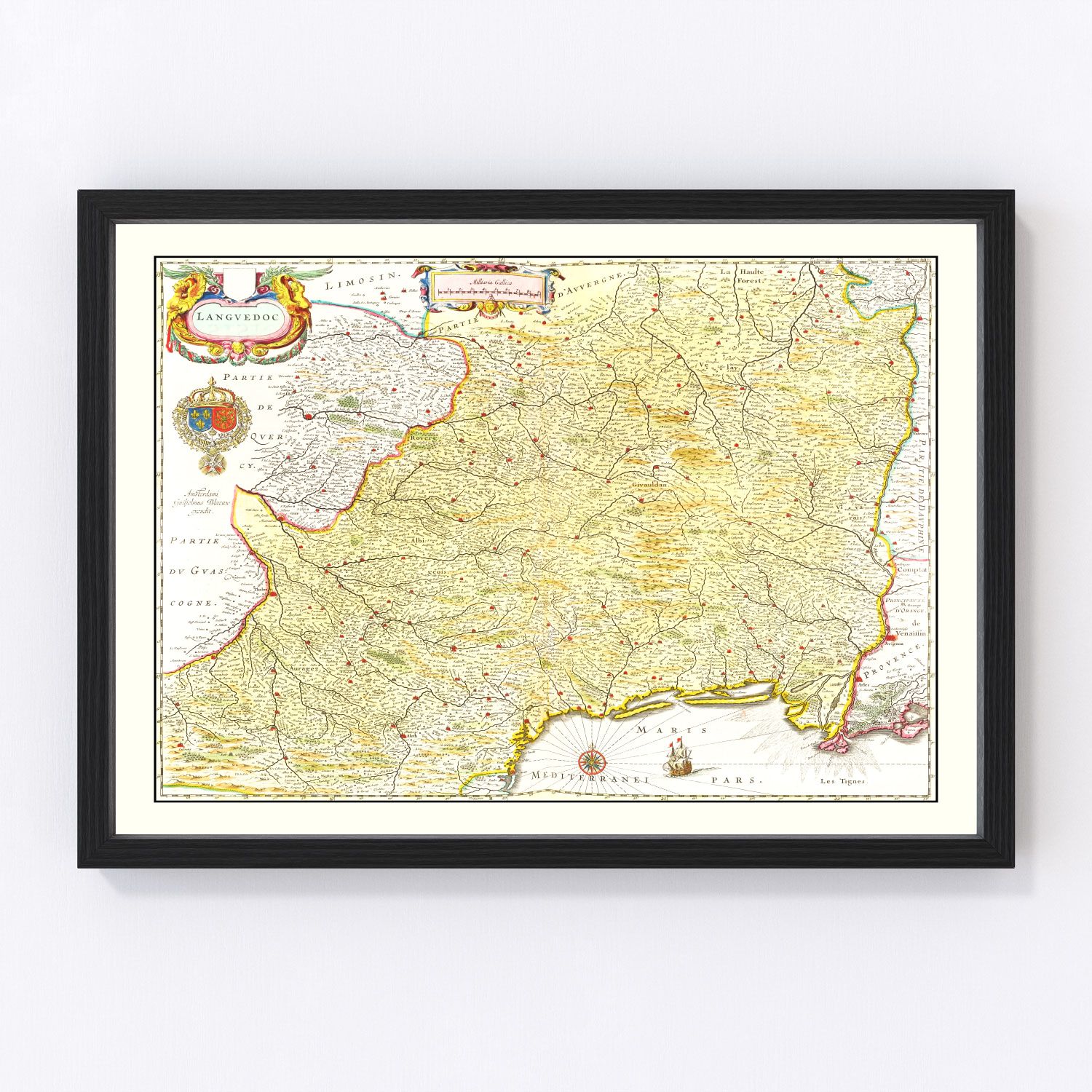 Vintage map of Languedoc, France, 1665