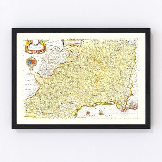 Vintage map of Languedoc, France, 1665