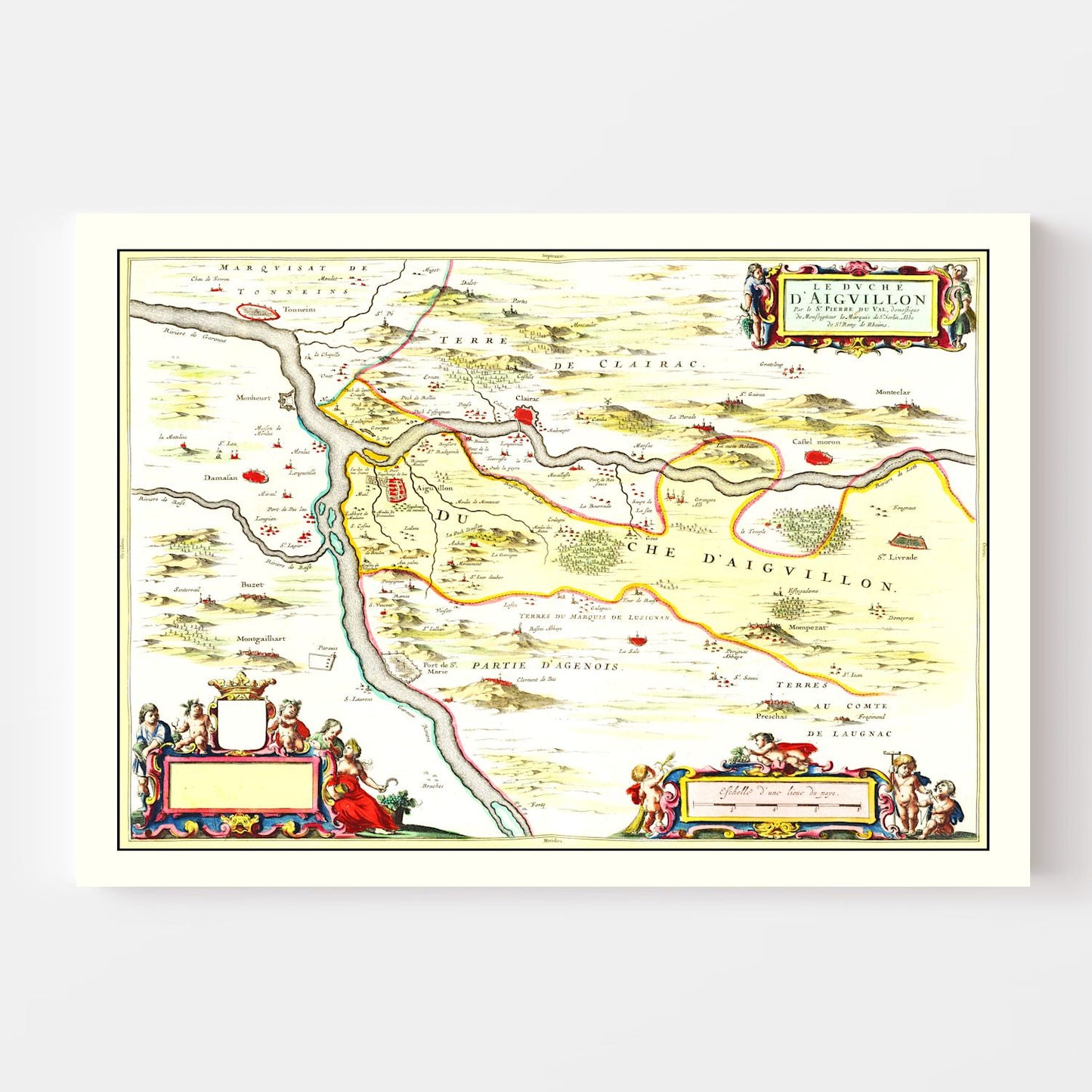 Vintage Map of Aiguillon, France, 1665