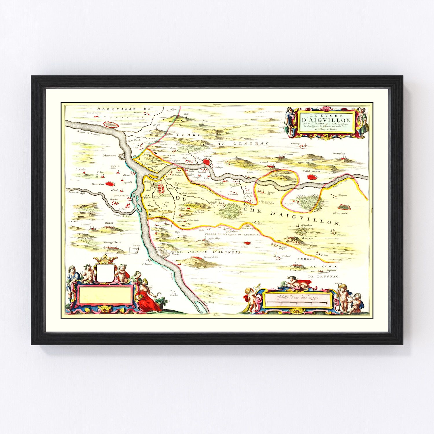 Vintage map of Aiguillon, France, 1665 - restored print