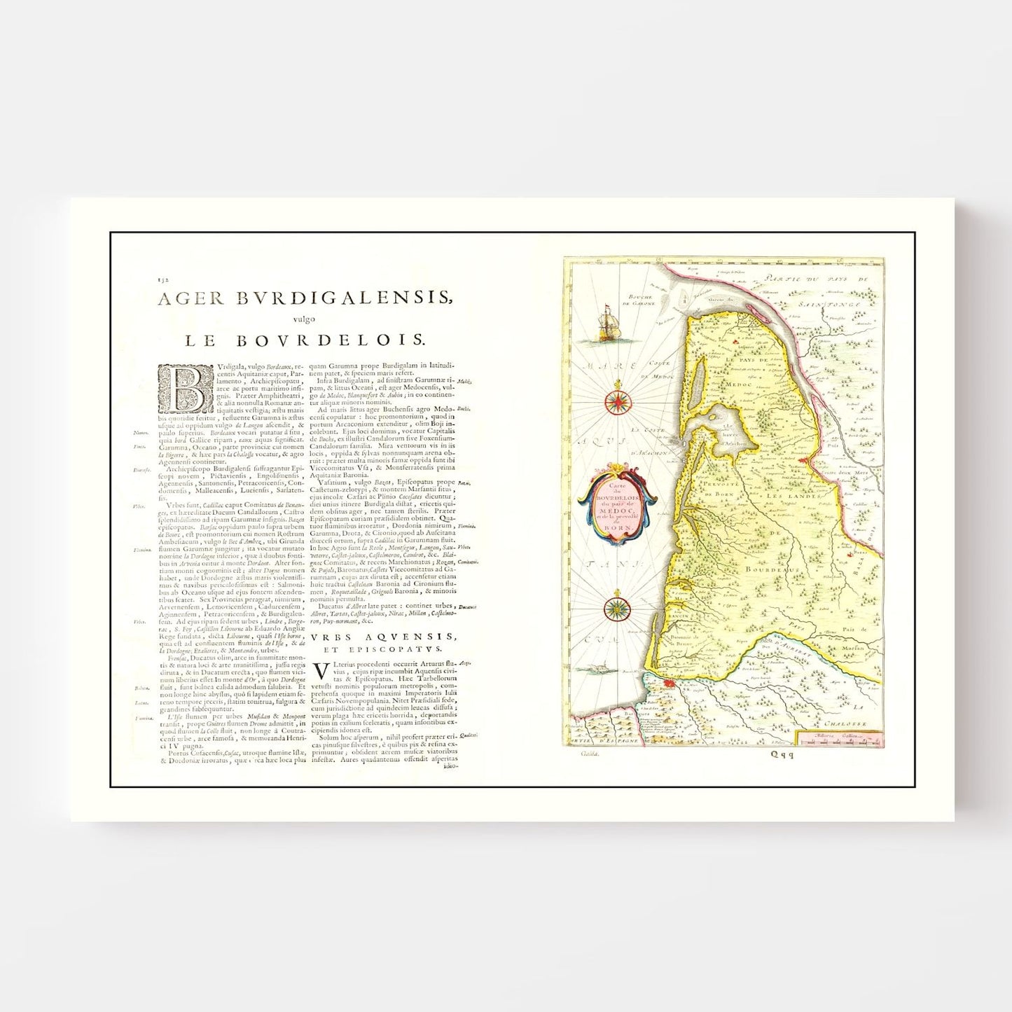 Vintage Map of Bordeaux, France, 1665