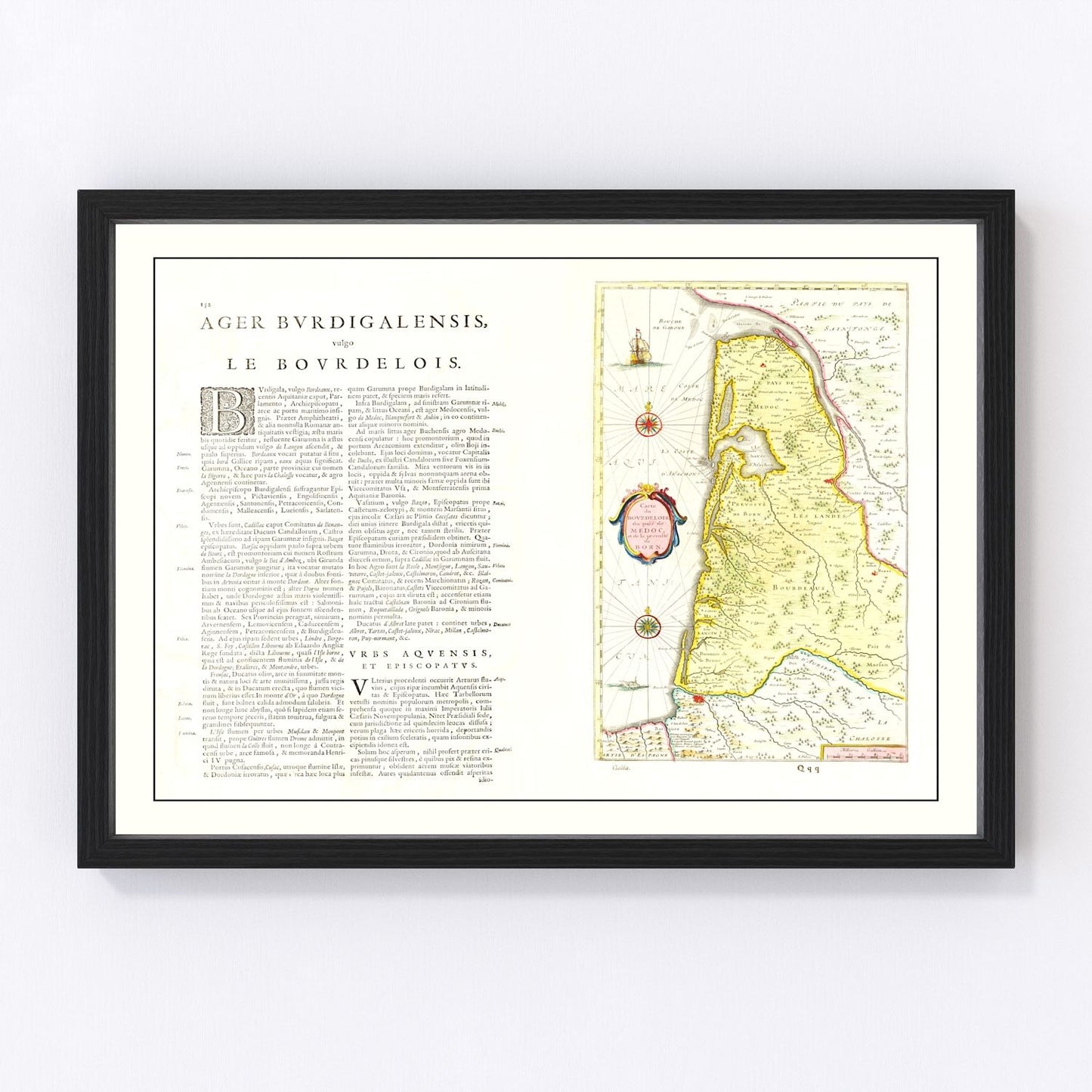 vintage map of Bordeaux, France, 1665, restored print wall art
