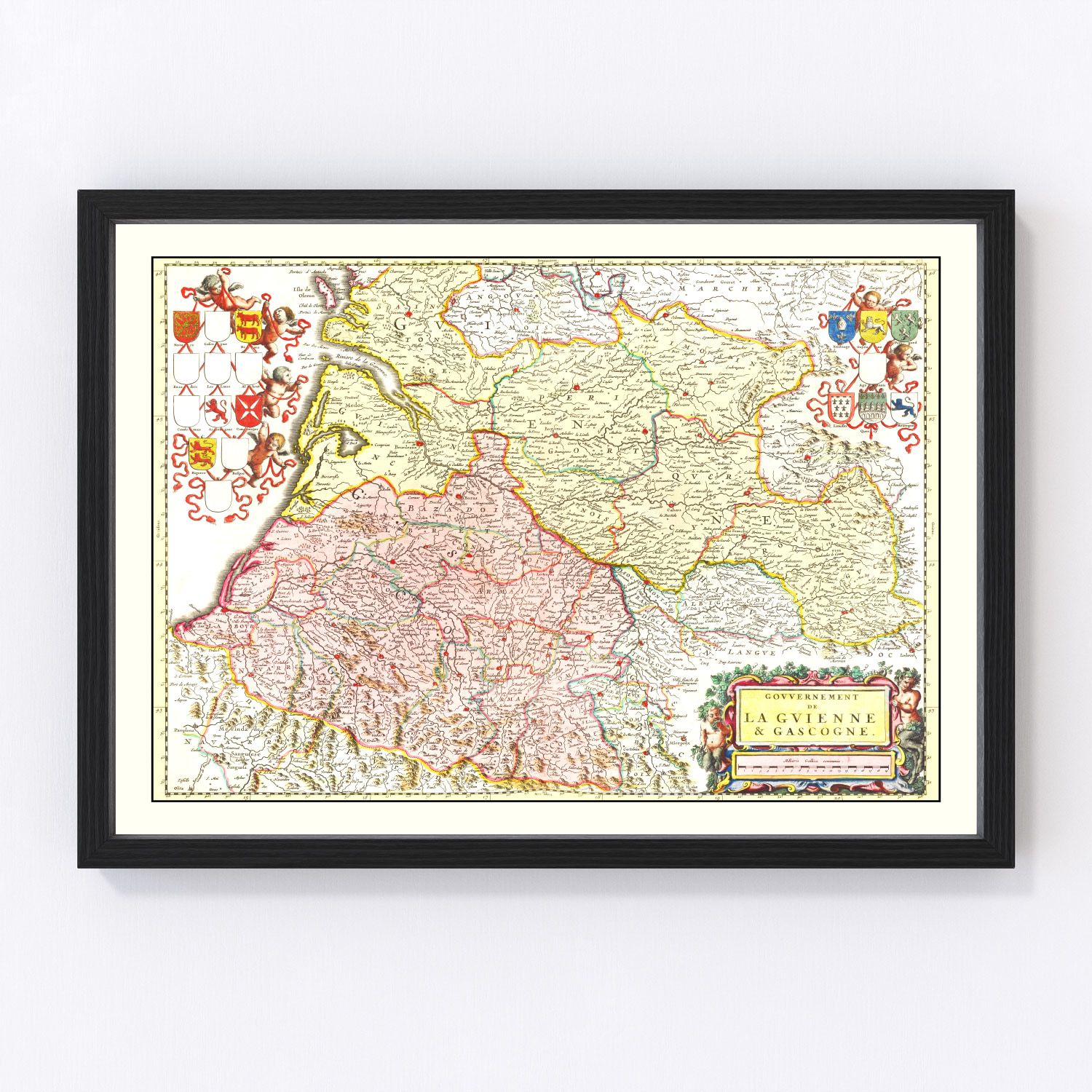 Vintage map of Gascony, France, 1665