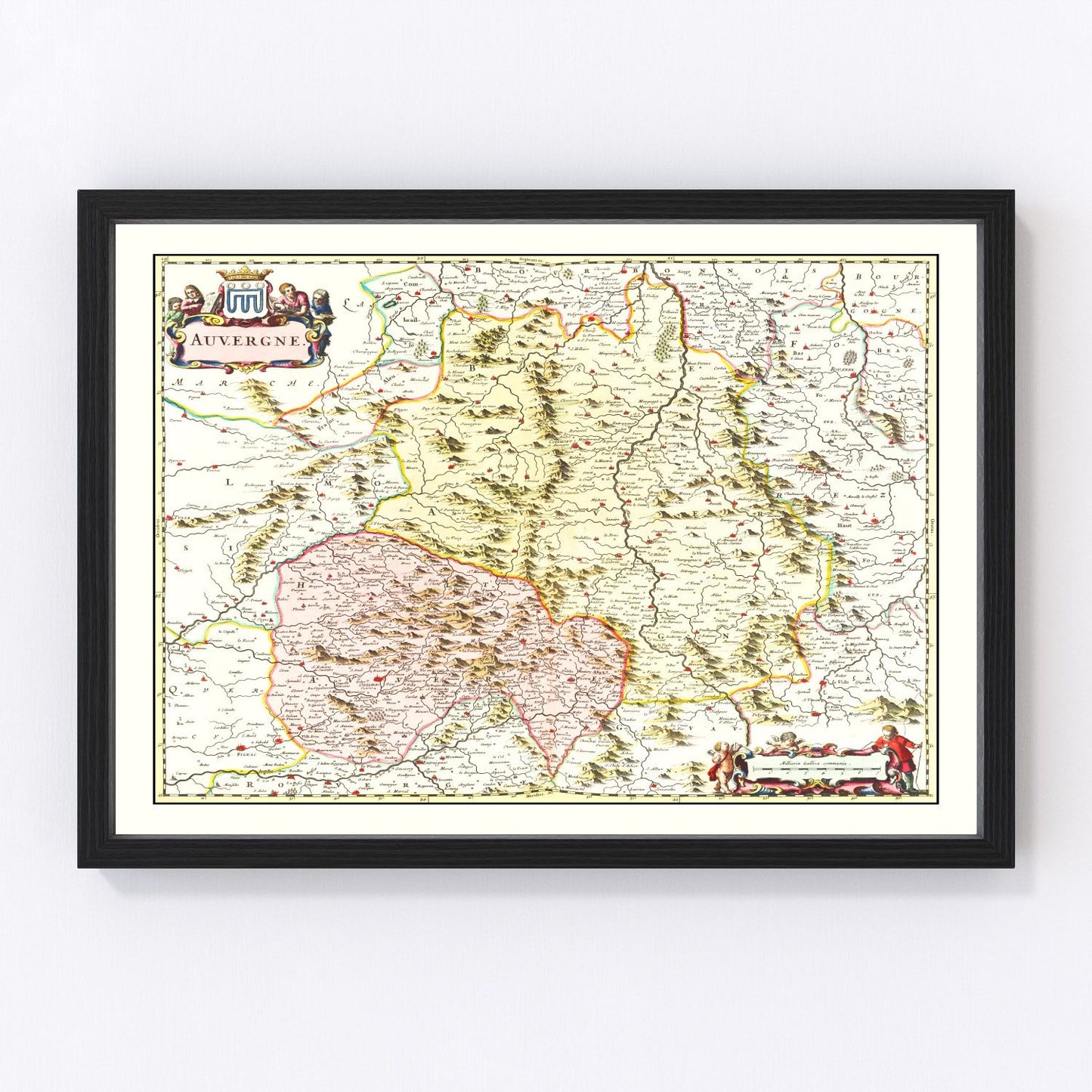 Vintage Baroque map of Auvergne France, Massif Central, 1665