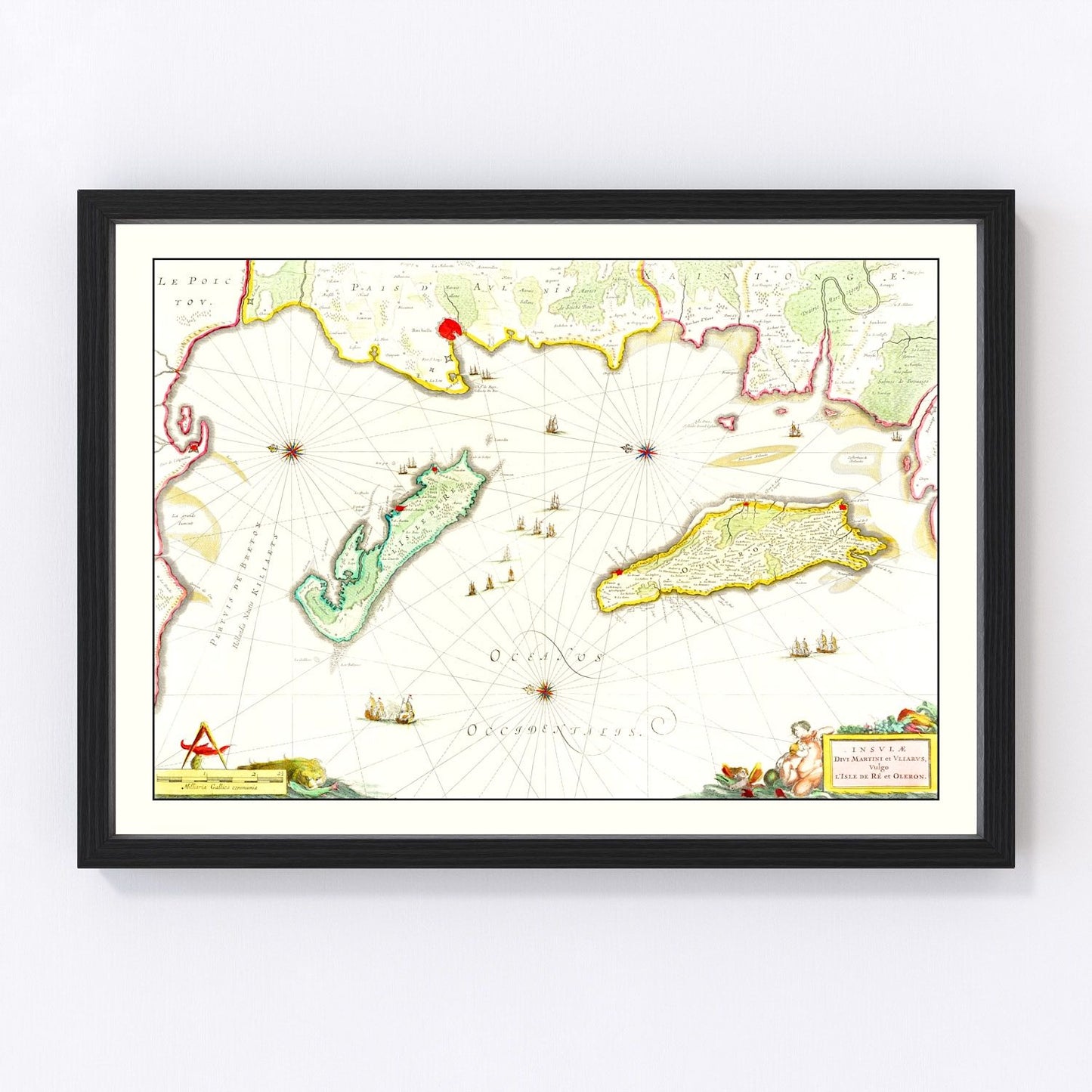 Vintage nautical map of Ile de Re and Oleron, France, 1665