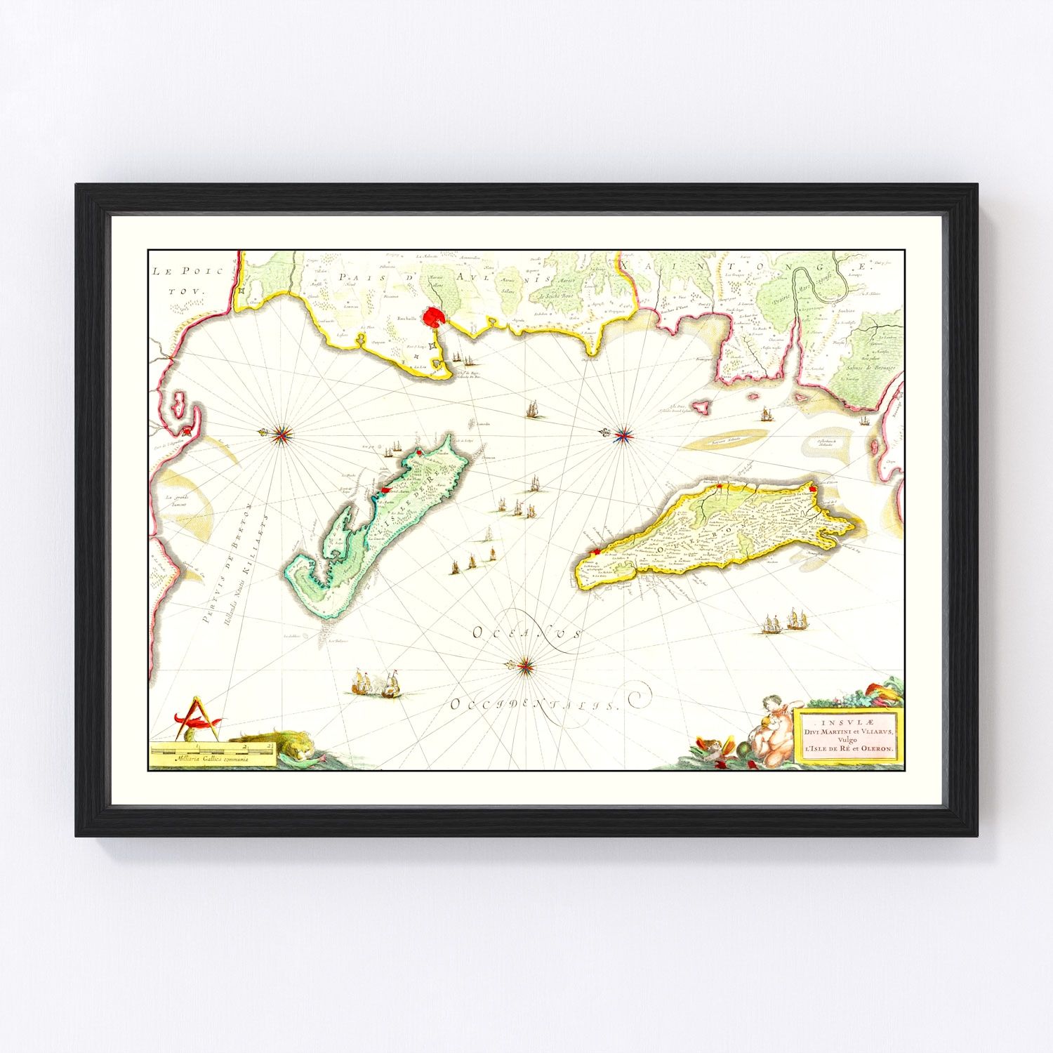Vintage nautical map of Ile de Re and Oleron, France, 1665
