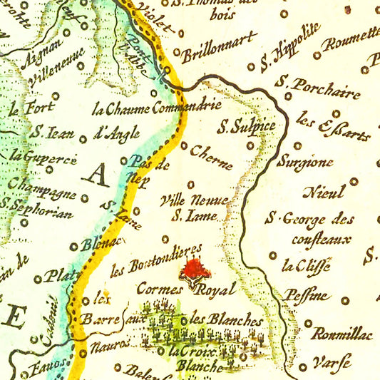Vintage Map of Saintonge, France, 1665