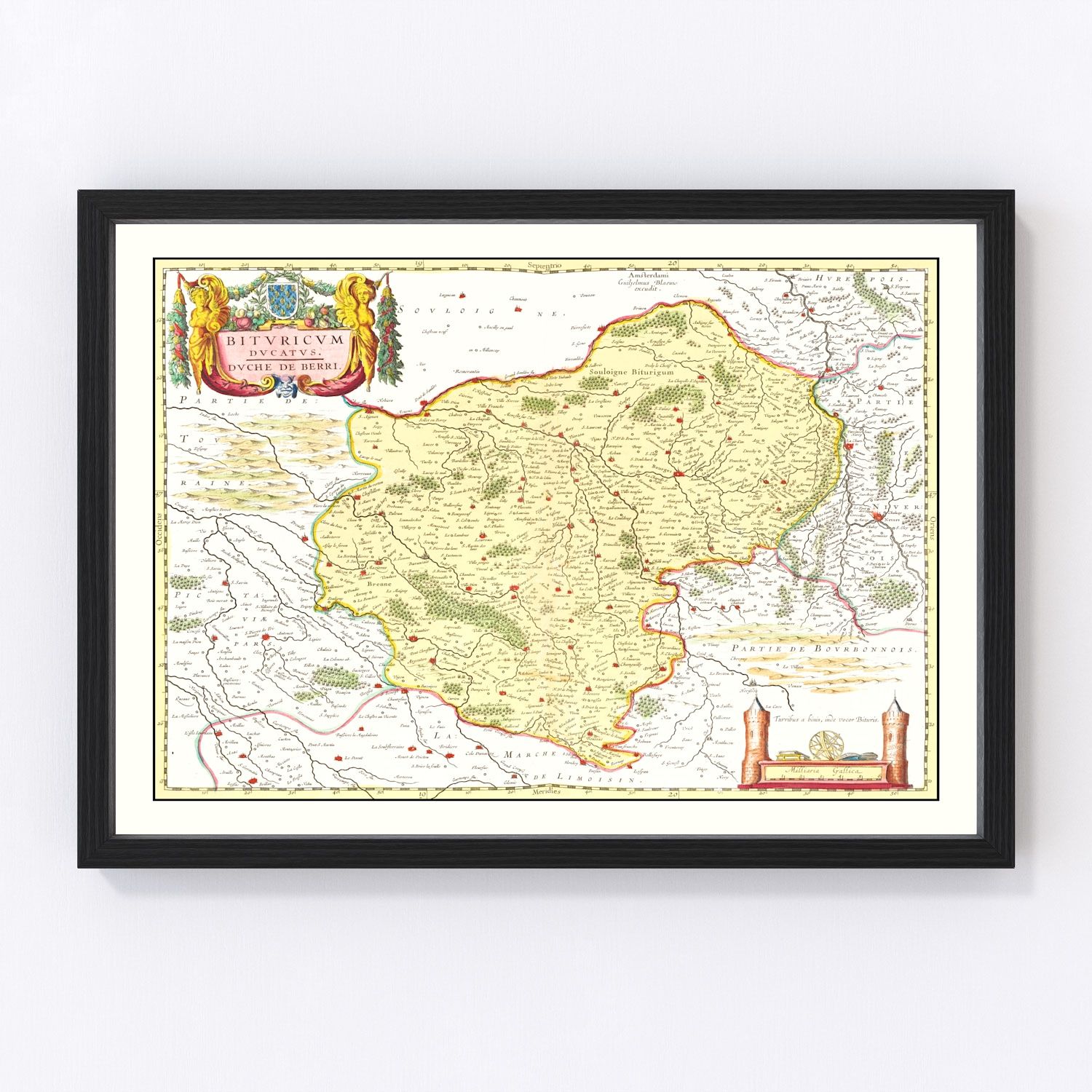 vintage map of Bourges and Nevers France 1665, restored print wall art