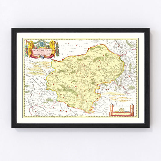 vintage map of Bourges and Nevers France 1665, restored print wall art