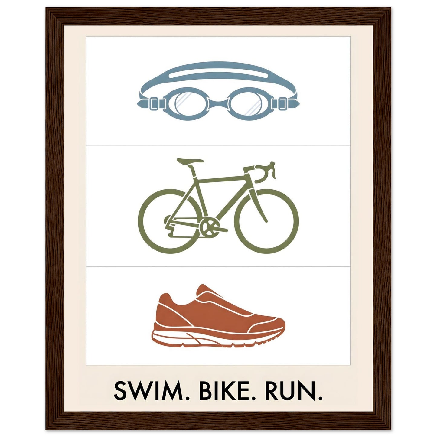 Swim Bike Run Poster: Minimalist Triathlon Icons Wall Art - 20x25 cm / 8x10″ - Dark wood frame / Ready-to-hang - Sparkycare
