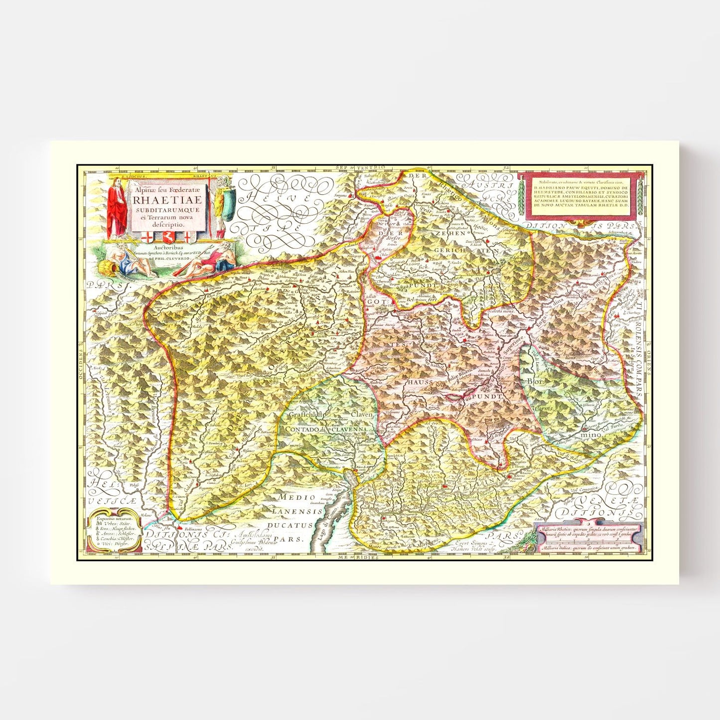 Vintage Map of Rhaetia, Switzerland, 1665