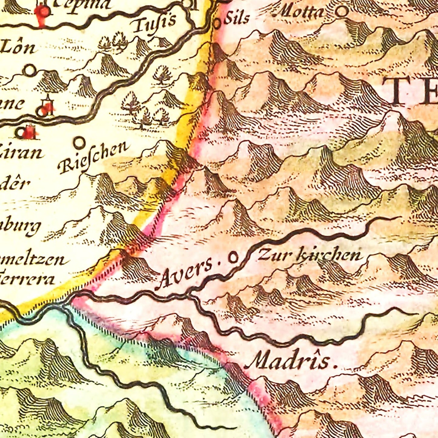 Vintage Map of Rhaetia, Switzerland, 1665