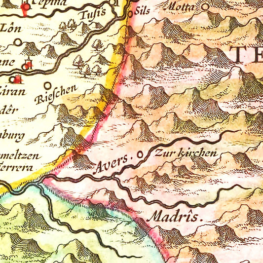 Vintage Map of Rhaetia, Switzerland, 1665