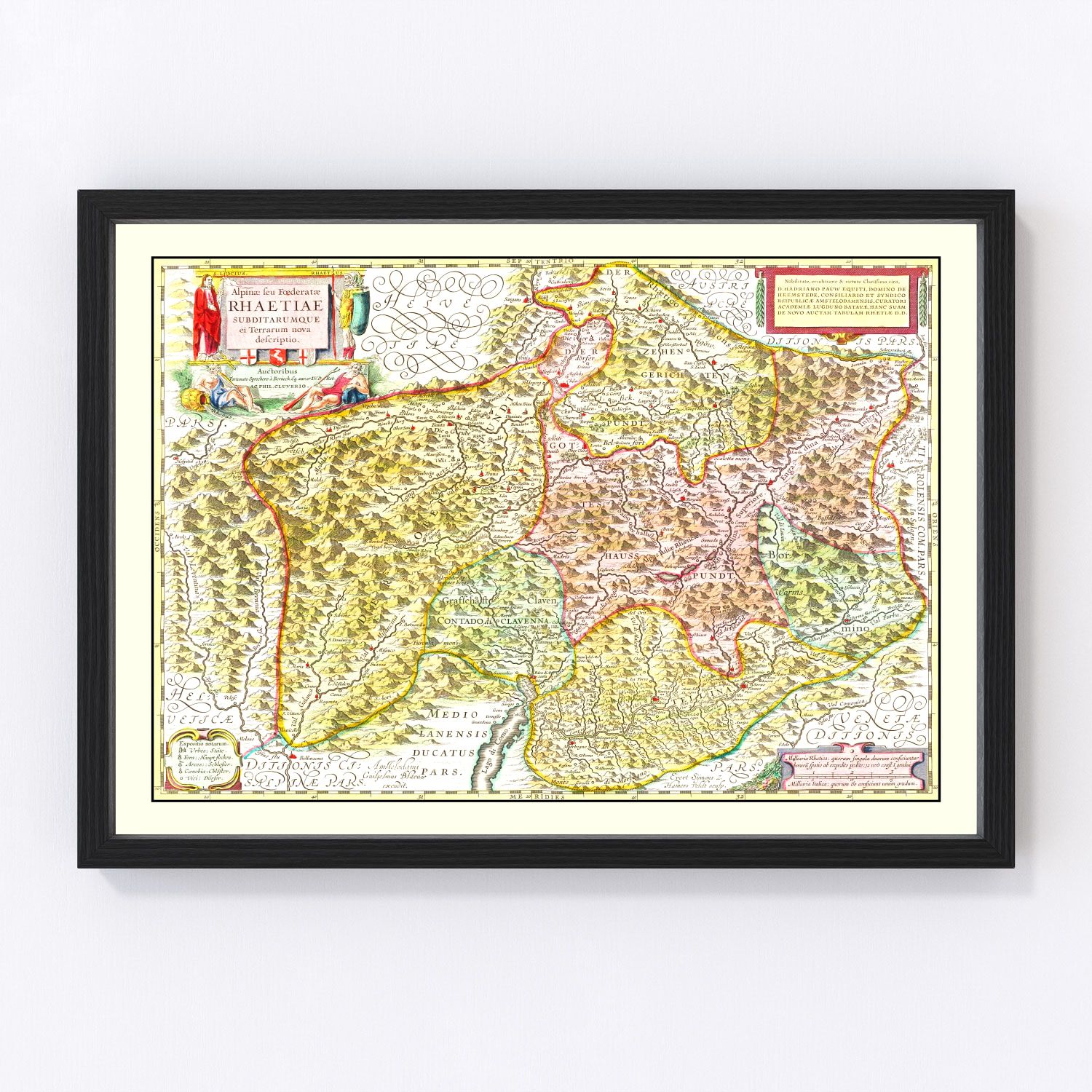 Vintage map of Rhaetia, Switzerland, 1665