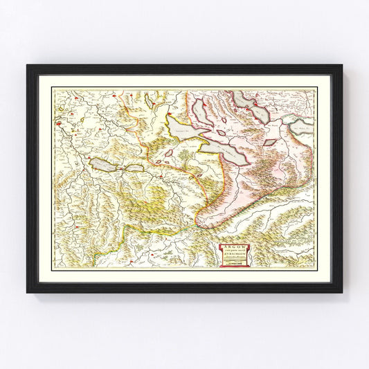 Vintage map of Aargau and Zurich, Switzerland, 1665 - restored 17th-century Swiss cartography