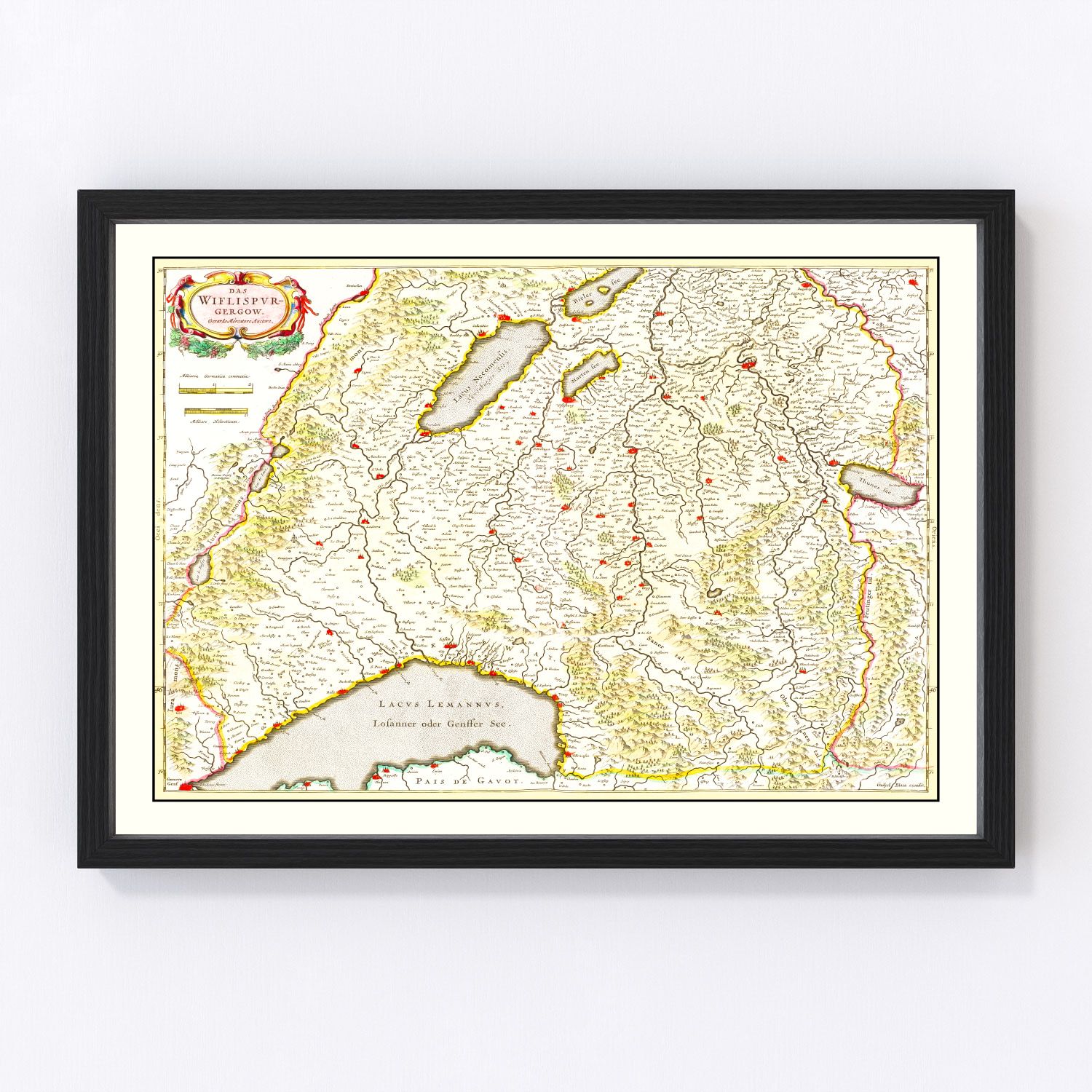 Vintage map of Western Switzerland, 1665 - Alpine 17th-century cartographic print
