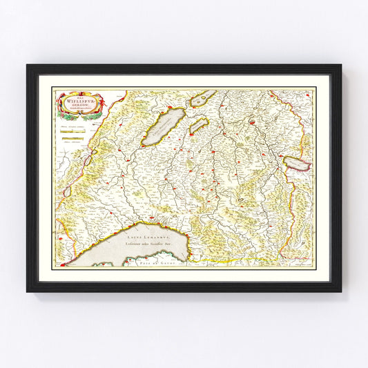 Vintage map of Western Switzerland, 1665 - Alpine 17th-century cartographic print