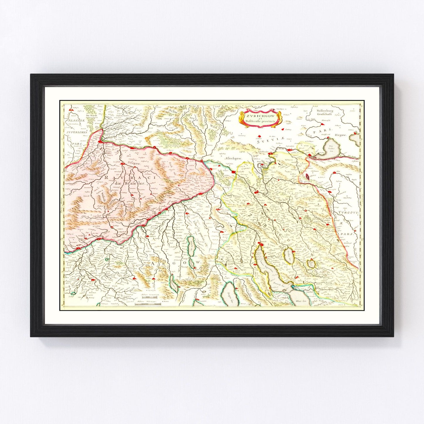 Vintage 1665 map of Zurich area Switzerland 17th century, digitally restored print