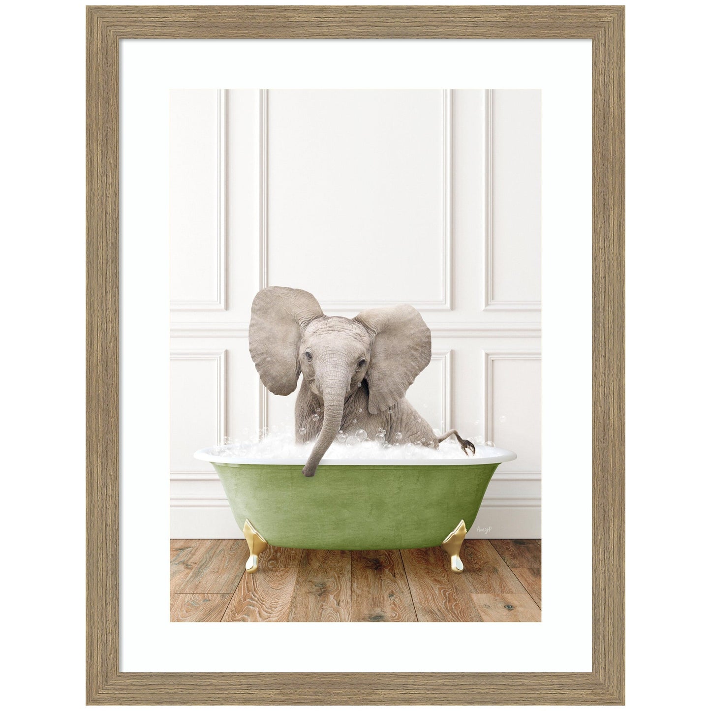 Baby elephant in a bathtub framed wall art print for a bathroom