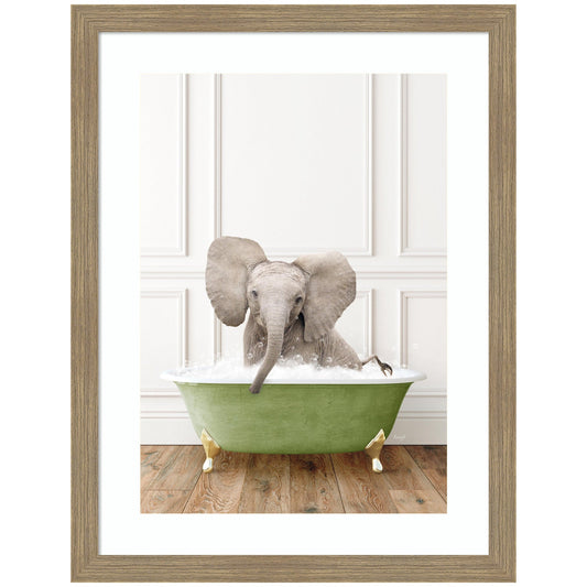 Baby elephant in a bathtub framed wall art print for a bathroom