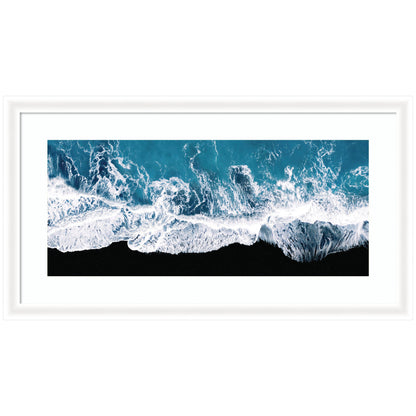 Minimalist framed coastal wall art of ocean waves, blue water and white surf in a wide panel