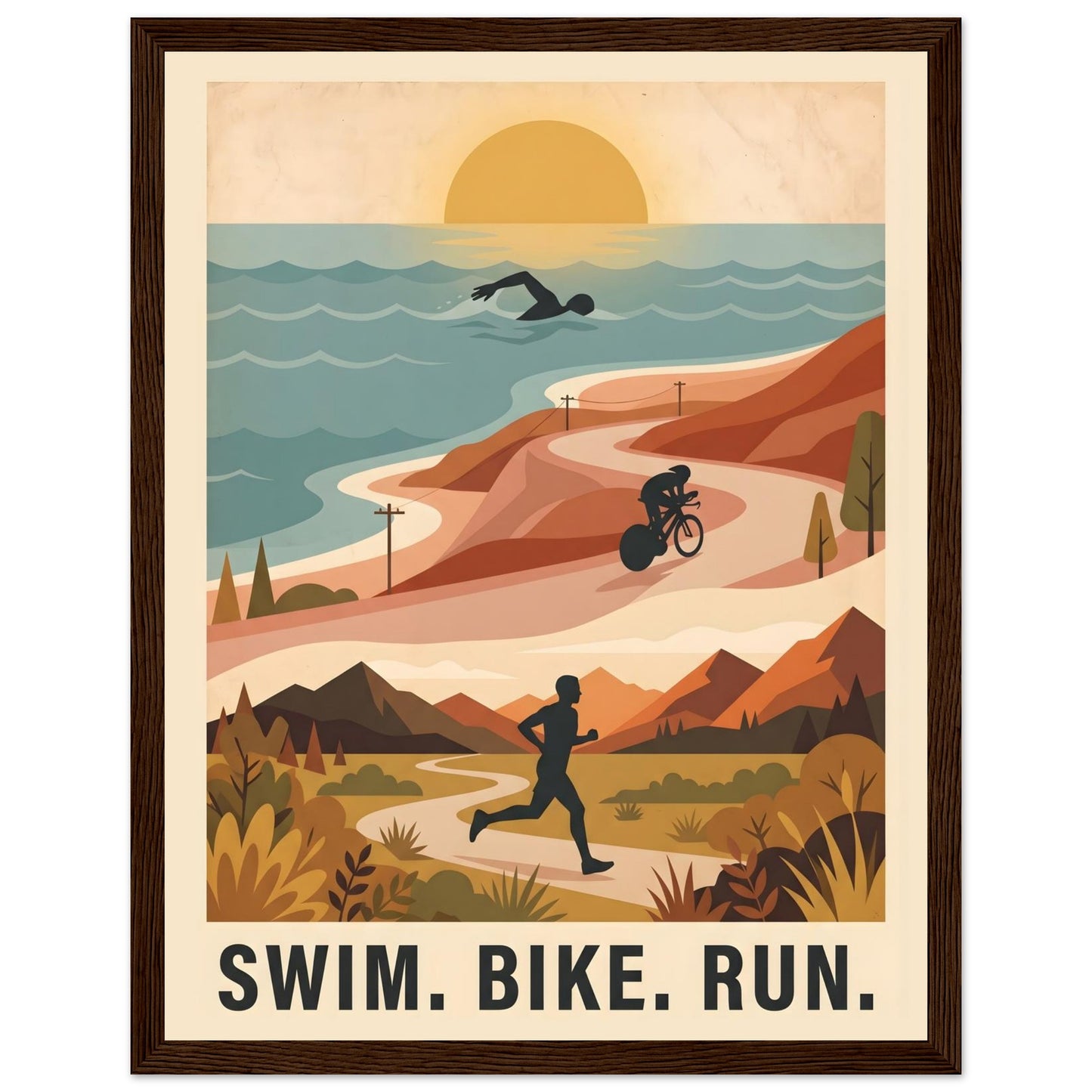 Triathlon Poster: Retro Swim Bike Run Framed Wall Art - 27x35 cm / 11x14″ - Dark wood frame / Ready-to-hang - Sparkycare
