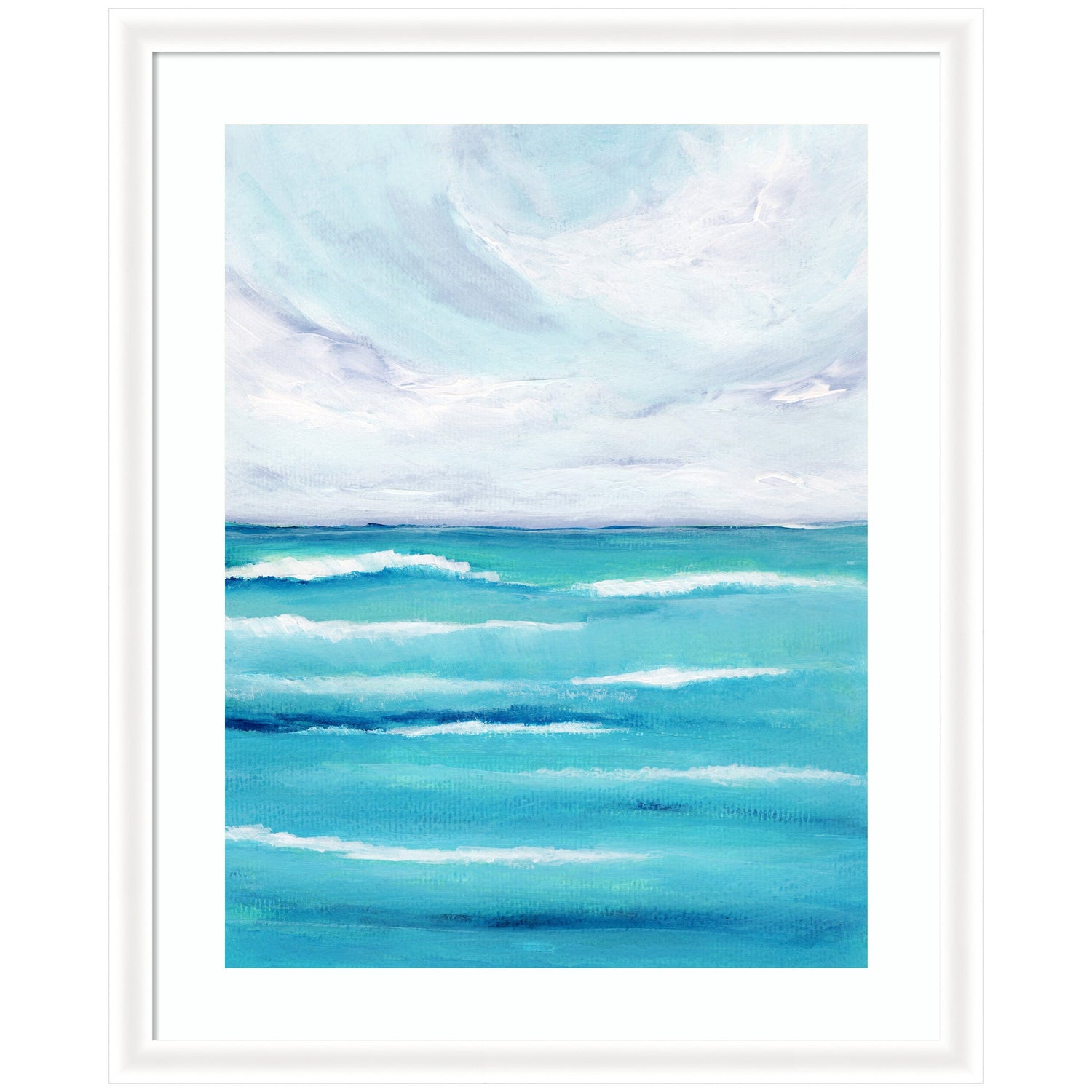 Evening ocean waves framed coastal wall art in turquoise and blue under a cloud-filled sky