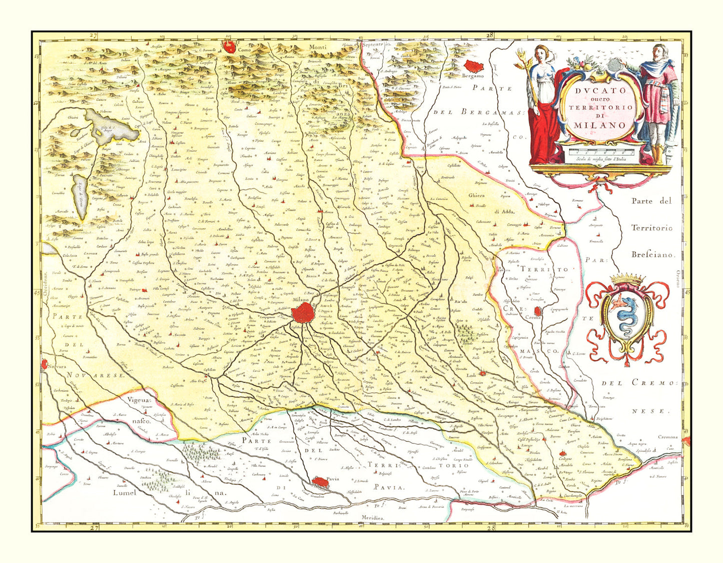 Vintage Map of the Milan Region, Italy, 1665