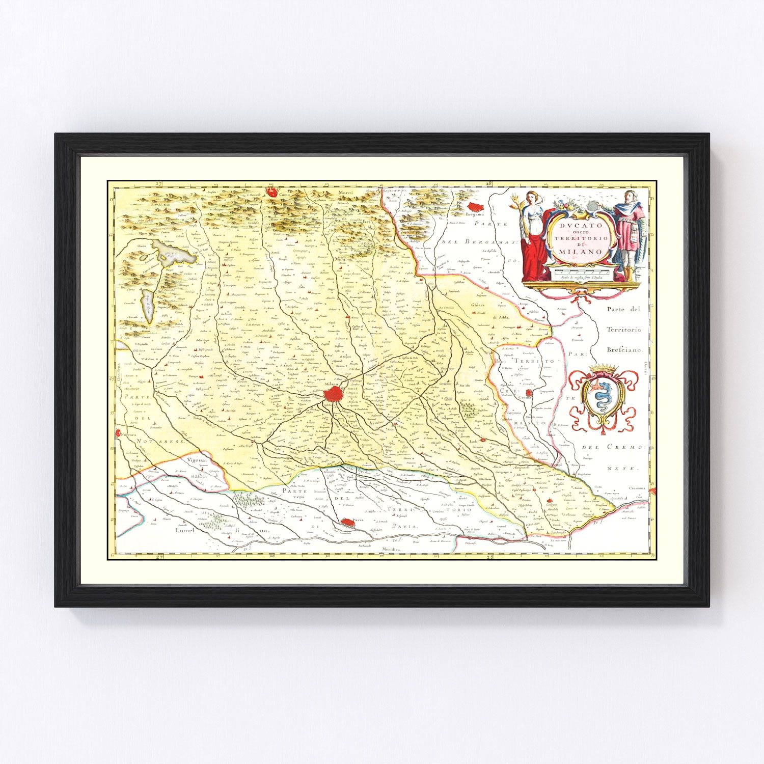 vintage map of the Milan region, Italy, 1665