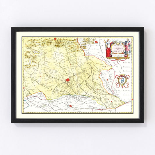 vintage map of the Milan region, Italy, 1665