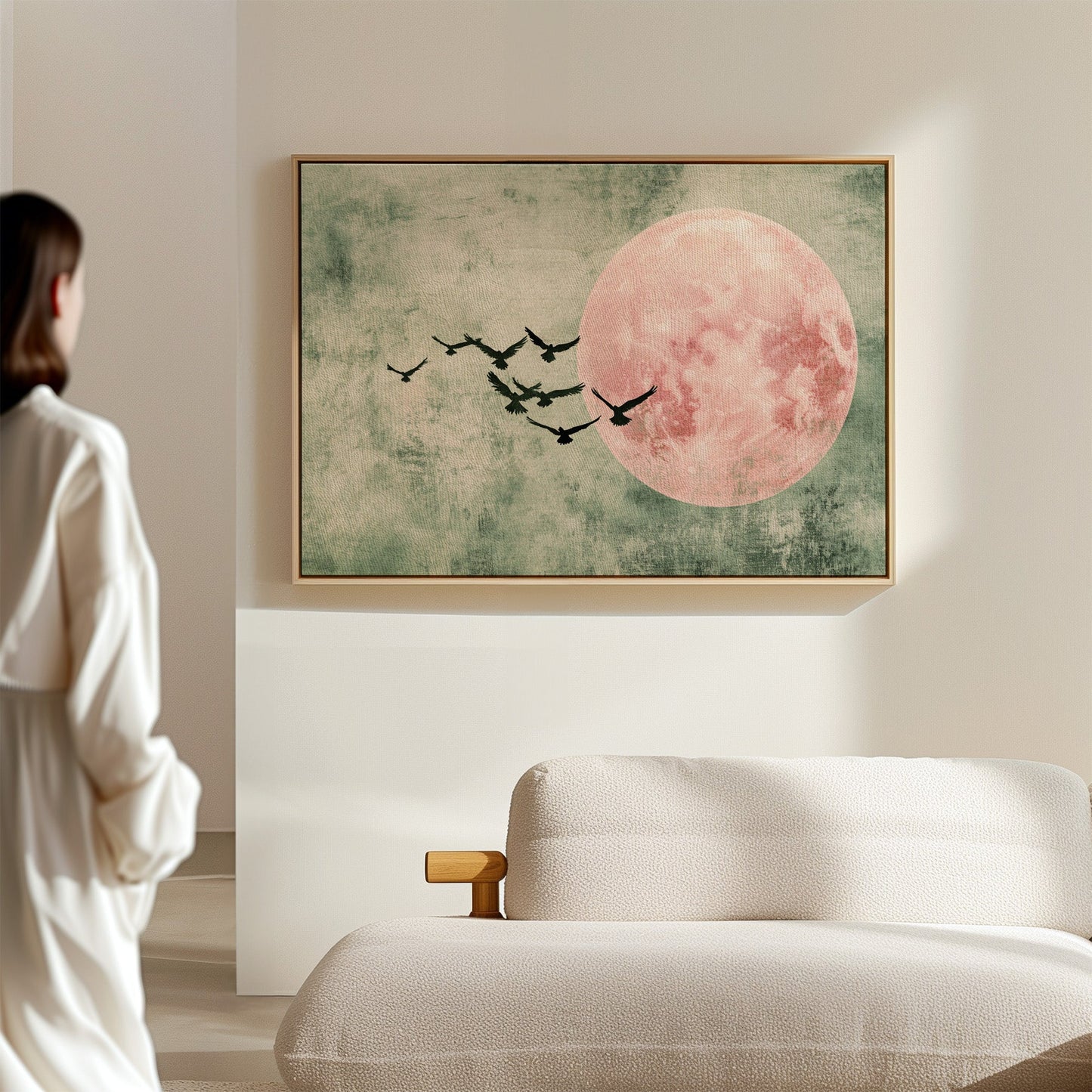 Pink Moon Wall Art - Minimalist Birds in Flight Print