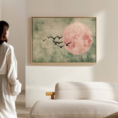Pink Moon Wall Art - Minimalist Birds in Flight Print