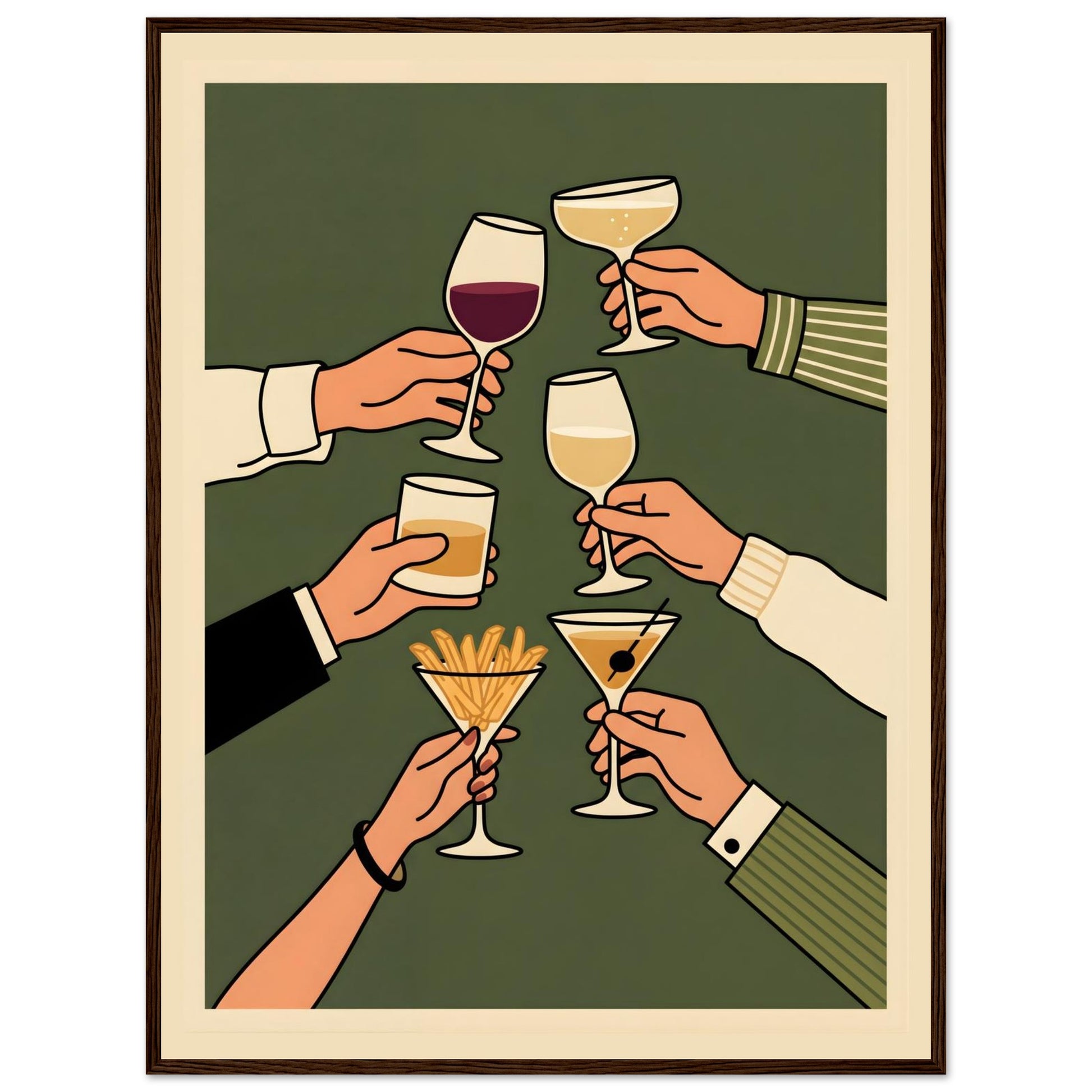 Retro Cheers Cocktail Toast Wall Art, Framed Bar Decor - 20x25 cm / 8x10″ - White frame / Ready-to-hang - Sparkycare