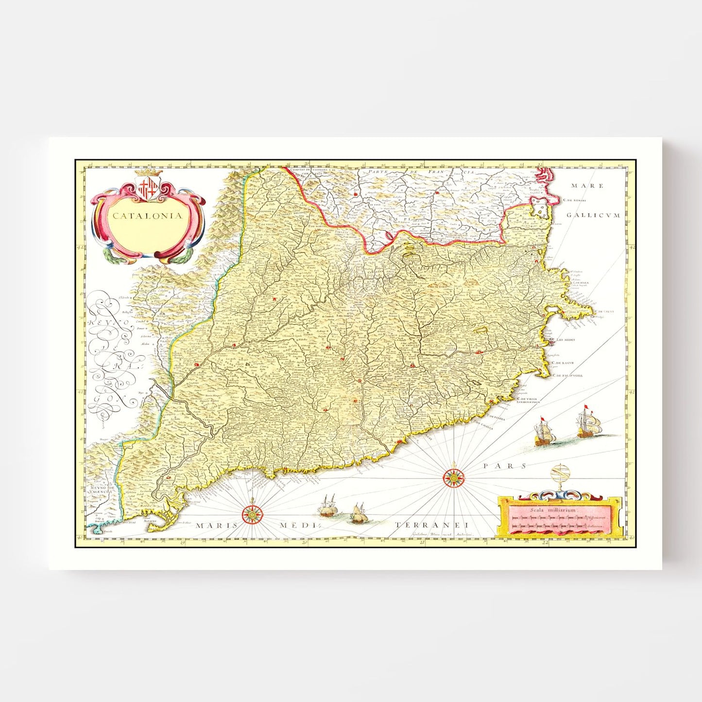 Vintage Map of Catalonia, Spain, 1665