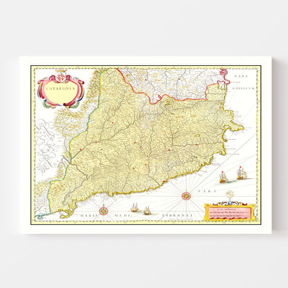 Vintage Map of Catalonia, Spain, 1665