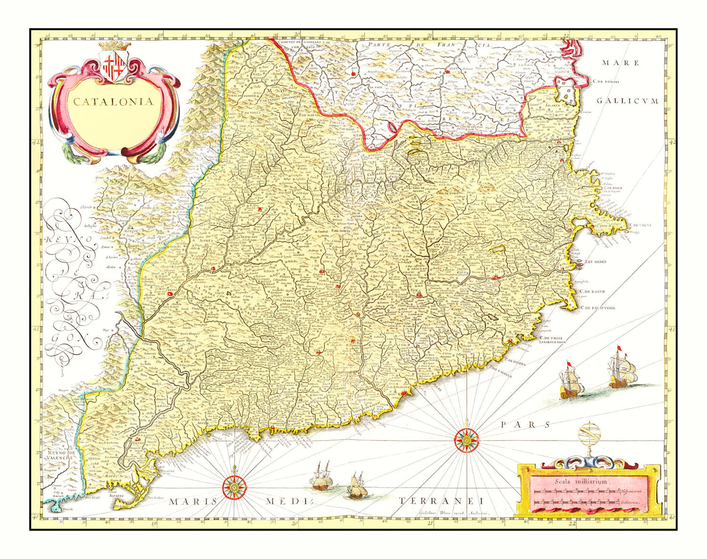 Vintage Map of Catalonia, Spain, 1665