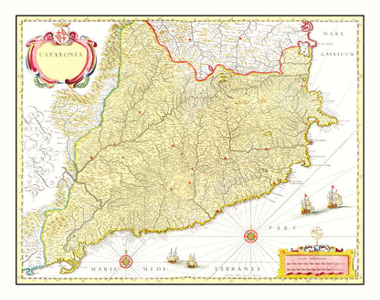 Vintage Map of Catalonia, Spain, 1665