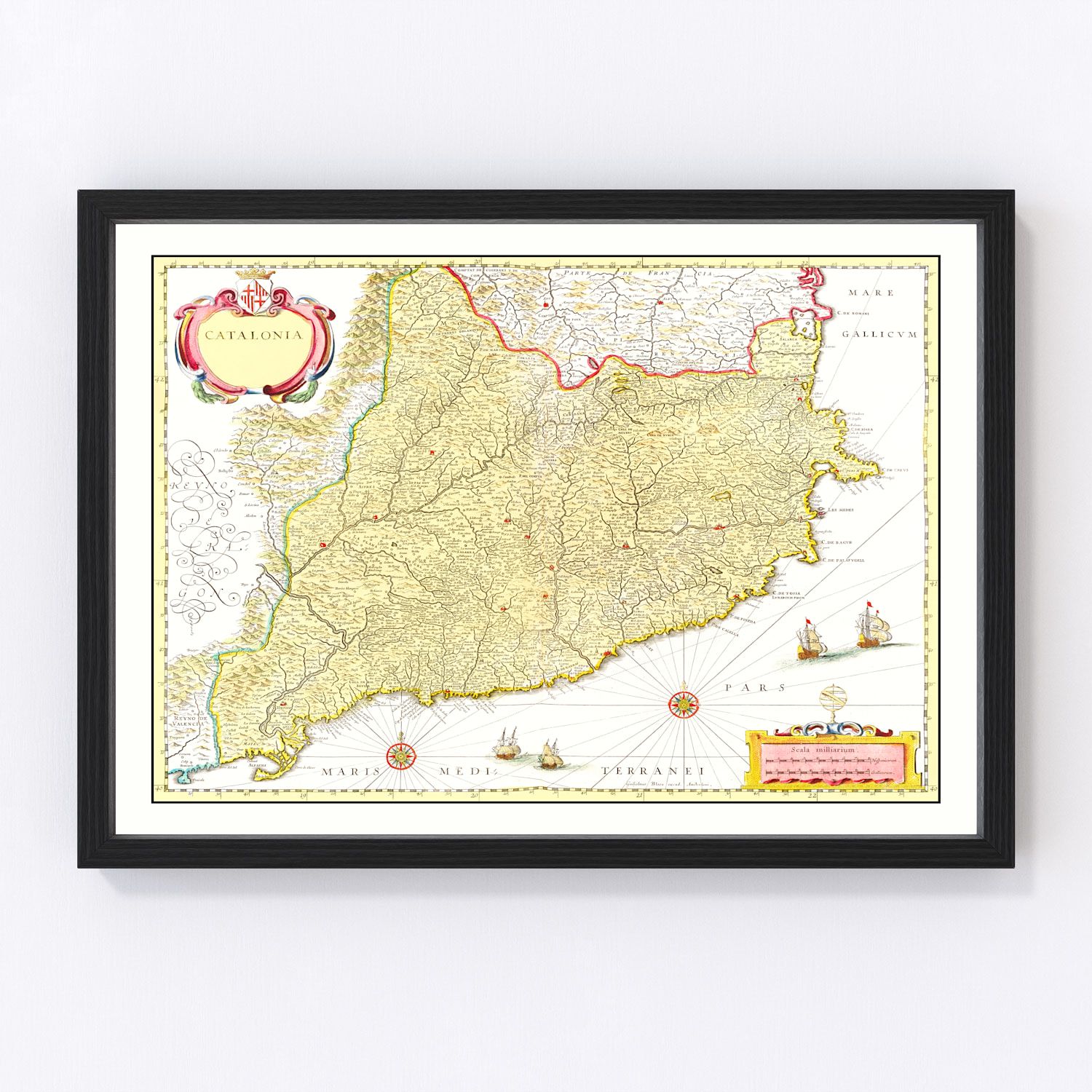 Vintage map of Catalonia, Spain, 1665, restored vintage wall art print