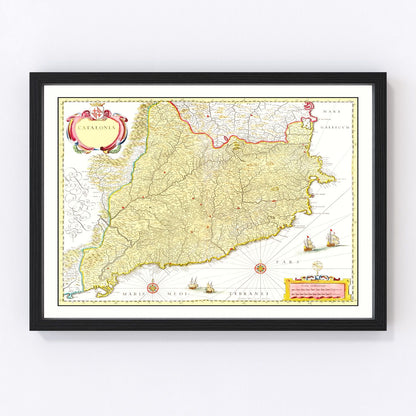 Vintage map of Catalonia, Spain, 1665, restored vintage wall art print