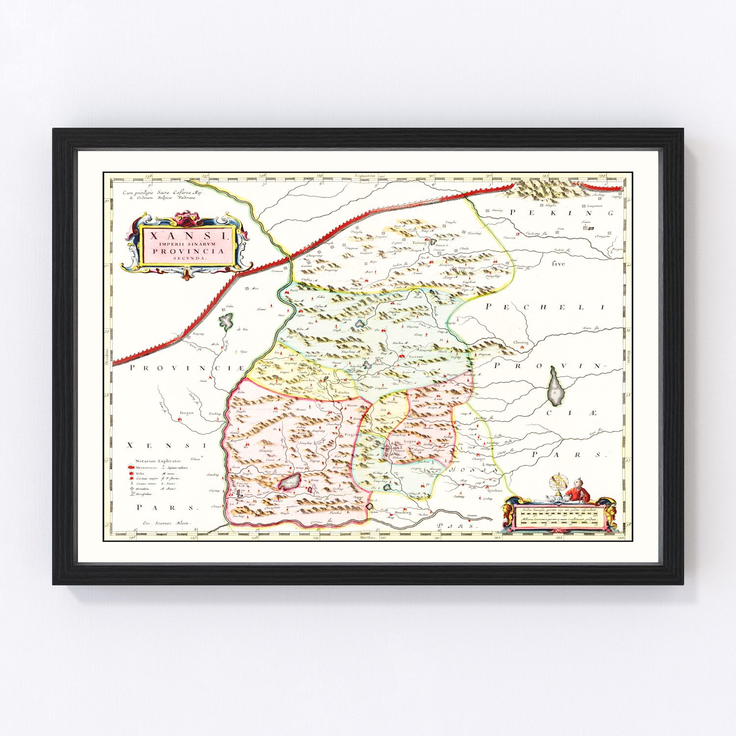 Vintage map of Shanxi Province, China, 1665, antique cartography restored
