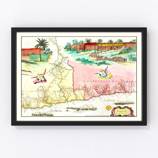 vintage map of Brazil, 1665, restored print wall art
