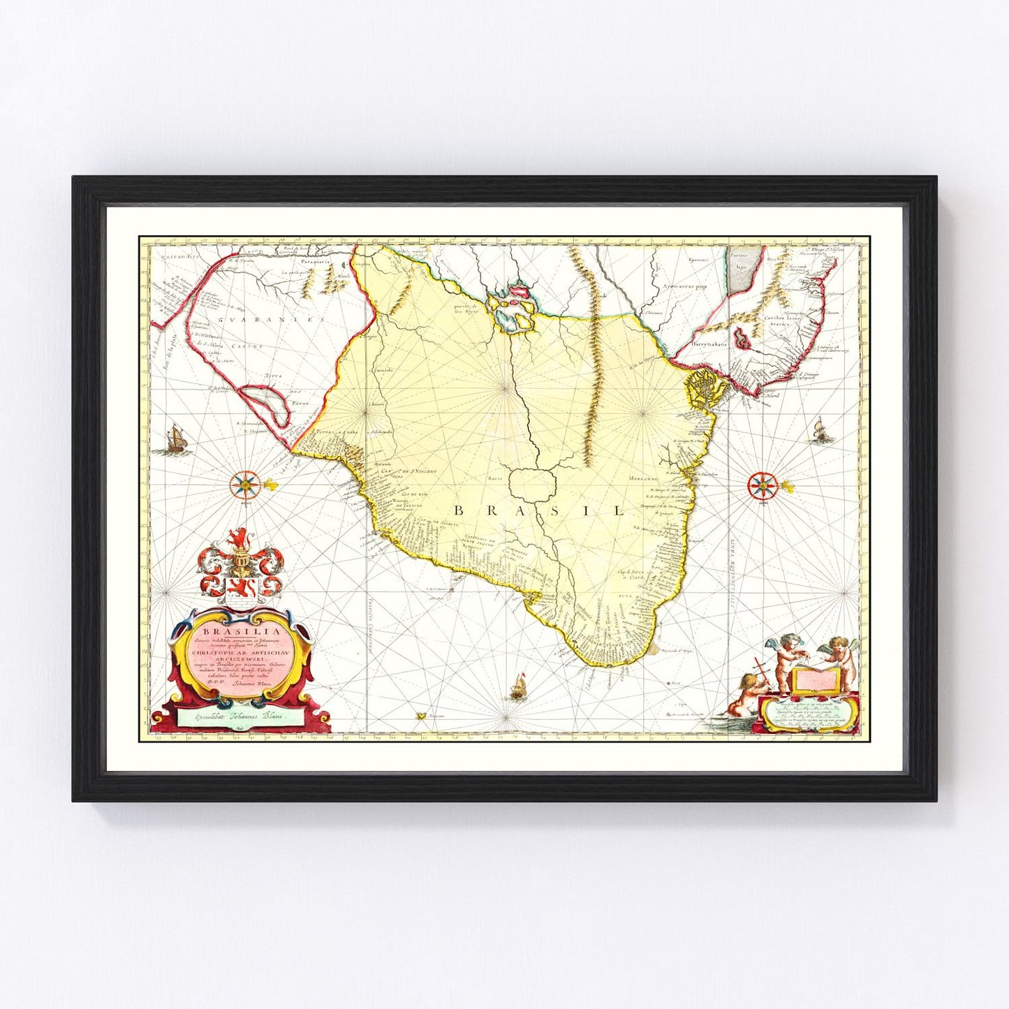 vintage map of Brazil, 1665 second edition, restored print wall art