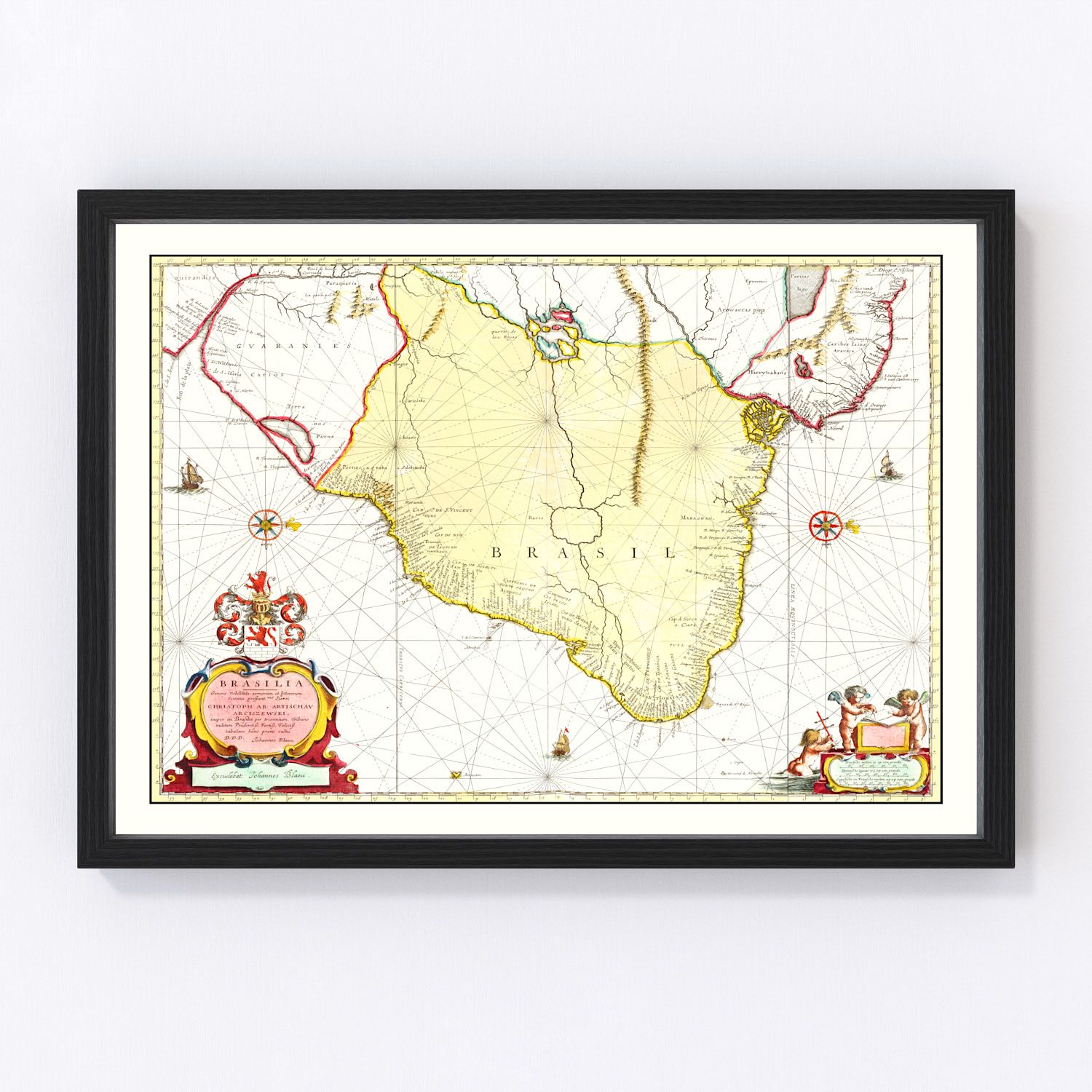 vintage map of Brazil, 1665 second edition, restored print wall art