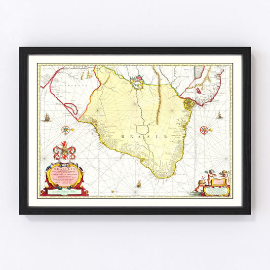 vintage map of Brazil, 1665 second edition, restored print wall art